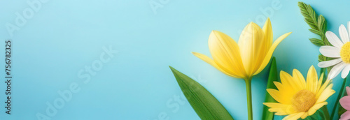 banner with spring flowers in delicate pastel colors, blue, white, green and yellow. Space for text, 2/3 free background.