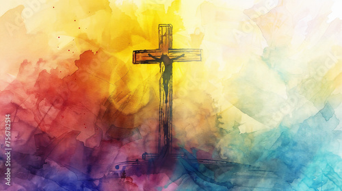Christian cross on colorful watercolor style painting, copyspace background, christianity concept hd
