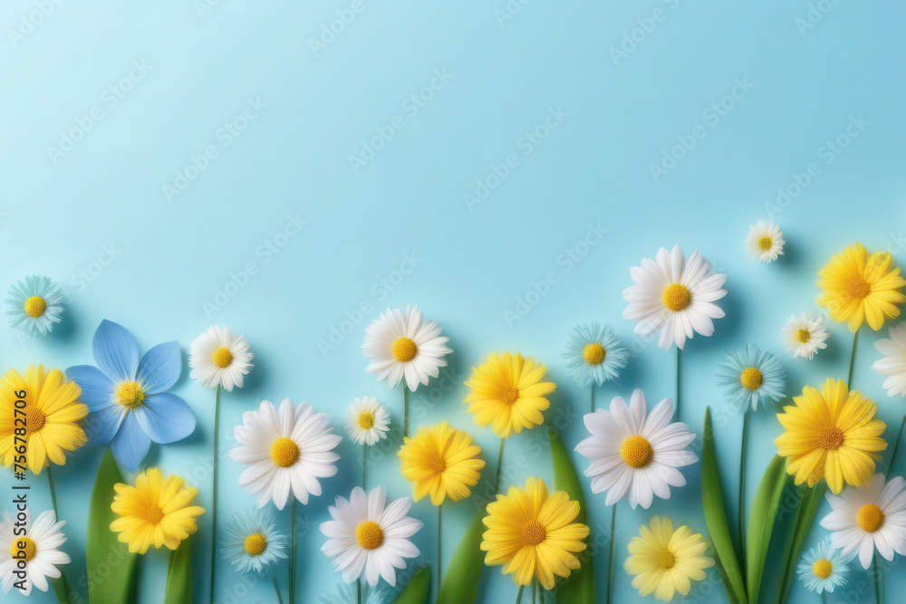Fototapeta premium A lush and vibrant card with spring flowers in delicate pastel colors, blue, white, green and yellow. Sun rays on flowers. Space for text, 2/3 free space.