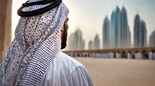 Back view of an Arab sheikh looking at a luxury opulent middle east city photo