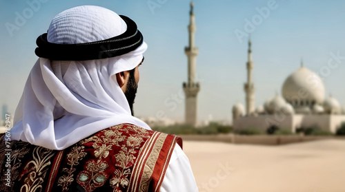 Back view of an Arab man looking at a mosque in the middle east photo