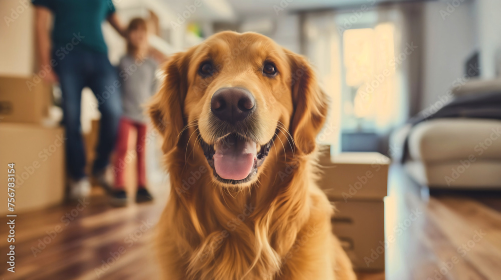 Closeup of the happy golden retriever dog standing in a new house or home, family standing blurred in the background, cardboard boxes on the floor. Moving in, relocation, joyful pet, ownership Closeup of the happy golden retriever dog standing in a new house or home, family standing blurred in the background, cardboard boxes on the floor. Moving in, relocation, joyful pet, ownership