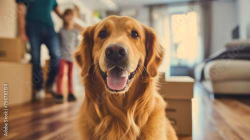 Closeup of the happy golden retriever dog standing in a new house or home  family standing blurred in the background  cardboard boxes on the floor. Moving in  relocation  joyful pet  ownership