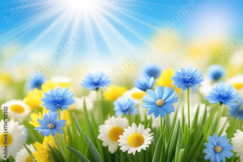 A lush and vibrant card with spring flowers in delicate pastel colors, blue, white, green and yellow. Sun rays on flowers. Space for text, 2/3 free space.