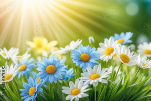 A lush and vibrant card with spring flowers in delicate pastel colors  blue  white  green and yellow. Sun rays on flowers. Space for text  2 3 free space.