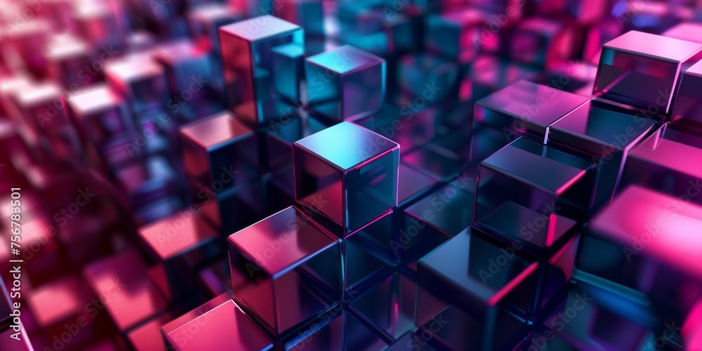 A close up of a bunch of cubes in a purple and blue color scheme - stock background. - obrazy, fototapety, plakaty 