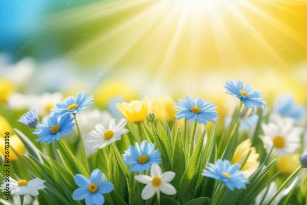 Fototapeta premium A lush and vibrant card with spring flowers in delicate pastel colors, blue, white, green and yellow. Sun rays on flowers. Space for text, 2/3 free space.