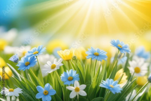 A lush and vibrant card with spring flowers in delicate pastel colors, blue, white, green and yellow. Sun rays on flowers. Space for text, 2/3 free space.