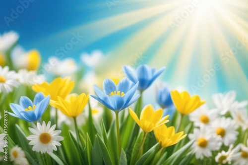 A lush and vibrant card with spring flowers in delicate pastel colors  blue  white  green and yellow. Sun rays on flowers. Space for text  2 3 free space.