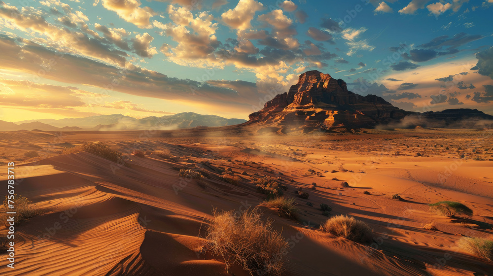 Vast Desert Landscapes: Capture the stark beauty of desert landscapes, with rolling sand dunes, rugged rock formations, and expansive desert plains under clear skies or dramatic cloud formations. 