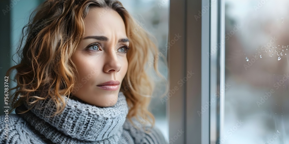A woman with seasonal affective disorder looking sadly out the window. Concept Emotional Portraits, Mental Health Awareness, Window Photography, Sadness, Seasonal Affective Disorder