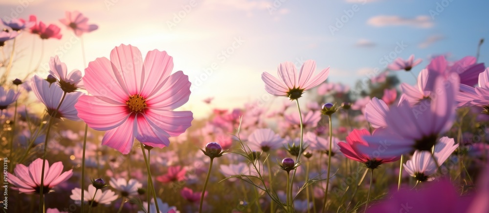 A field of pink and white flowers stretching across a natural landscape, with the sky painted in shades of orange and pink as the sun sets in the background