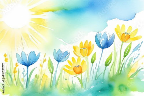 A bright and vibrant card with spring flowers in delicate pastel colors  blue  white  green and yellow  made in watercolor. Sun rays on flowers. Space for text  2 3 free space.