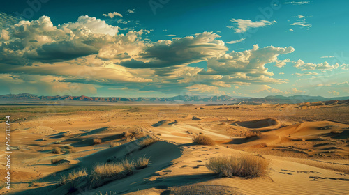 Vast Desert Landscapes  Capture the stark beauty of desert landscapes  with rolling sand dunes  rugged rock formations  and expansive desert plains under clear skies or dramatic cloud formations. 