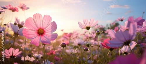 A field of pink and white flowers stretching across a natural landscape  with the sky painted in shades of orange and pink as the sun sets in the background