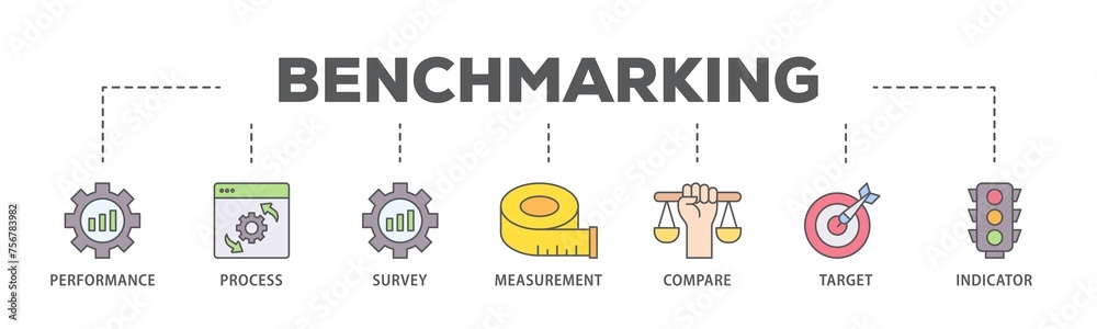 Benchmarking banner web icon illustration concept with icon of performance, process, survey, measurement, compare, target, and indicator icon live stroke and easy to edit Benchmarking banner web icon illustration concept with icon of performance, process, survey, measurement, compare, target, and indicator icon live stroke and easy to edit