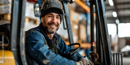 Happy forklift operator in warehouse seated in vehicle and smiling at camera. Concept Workplace, Smiling, Forklift Operator, Warehouse, Happy