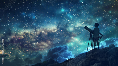 Astronomer's Gaze: An image of an astronomer standing atop a mountain peak at night, looking through a powerful telescope towards the starry sky. Generative AI
