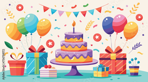 Colorful Birthday Celebration With Cake and Gifts