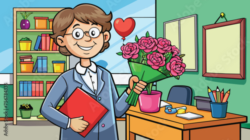 Teacher Appreciating Flowers in a Classroom