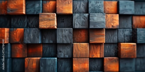 A wall made of wooden blocks in various colors, including black and orange - stock background.
