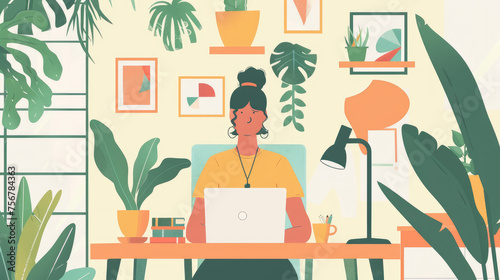 Work-Life Balance  An image depicting a person working on a laptop in a cozy home environment  surrounded by plants and personal items  showcasing the concept of remote work and flexibility. 