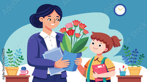 Student Presenting Teacher With Flowers in Classroom