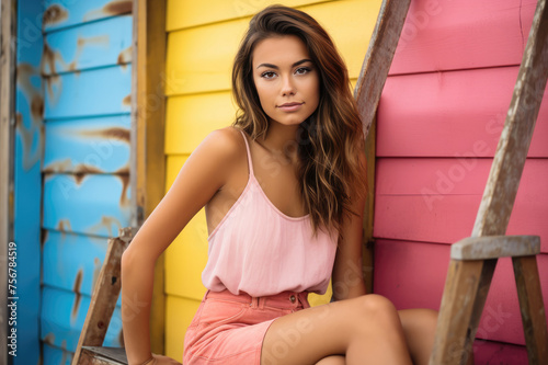 Young woman with wavy hair sits against colorful wooden backdrop, radiating relaxed confidence.
