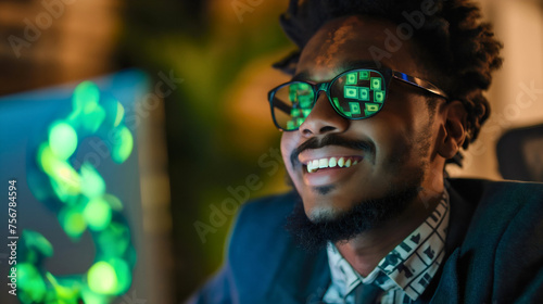 Green dollar bills reflecting in the eyeglasses of a happy African American businessman who is working on his laptop in his office late at night or in the evening, success for entrepreneur, big profit