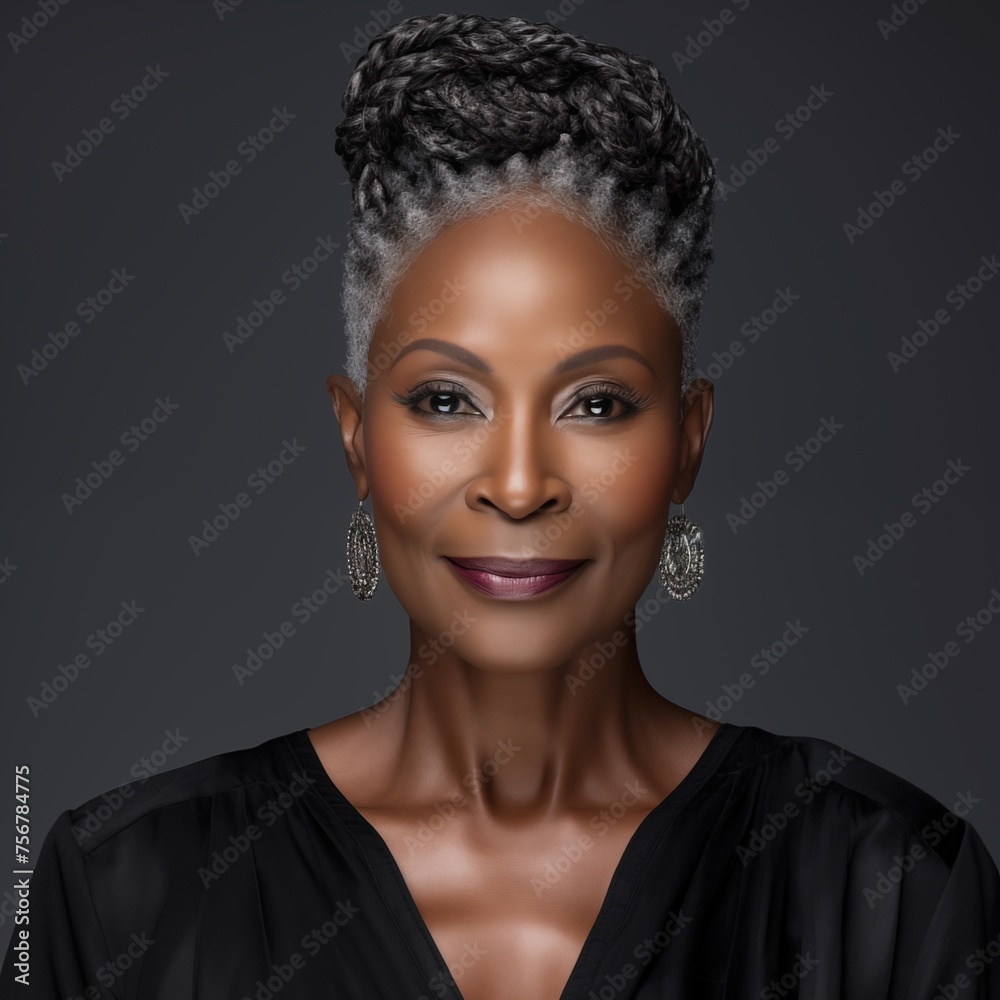 Photo of a stunning mature black woman posing for the camera against a gray background, showcasing a trendy braided hairstyle Photo of a stunning mature black woman posing for the camera against a gray background, showcasing a trendy braided hairstyle