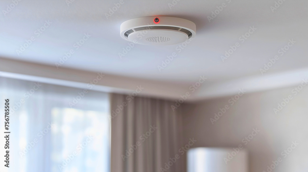 Closeup of the white smoke detector technology device placed on the ceiling in an empty room interior, daytime sunlight coming through the window. House security and safety system for emergency danger - obrazy, fototapety, plakaty 