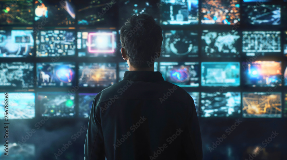 Young Man Entering 3D Cyberspace With Animated Social Media Interfaces, Online Video Games, Videos, Internet Content. Visualization Of male Enthusiast Surfing Computer Network,Multiple Digital Screens Young Man Entering 3D Cyberspace With Animated Social Media Interfaces, Online Video Games, Videos, Internet Content. Visualization Of male Enthusiast Surfing Computer Network,Multiple Digital Screens