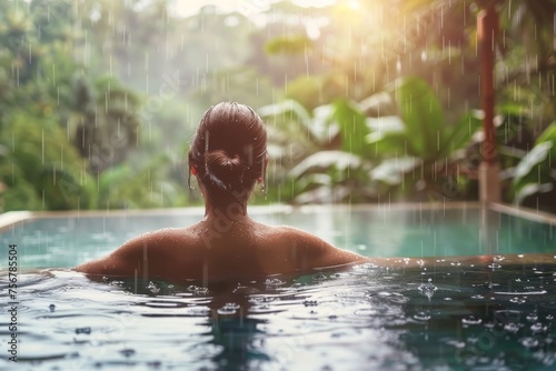 Happy Woman in Infinity Pool, Enjoying Warm Tropical Rain, Swimming Pool with a Jungle View © artemstepanov