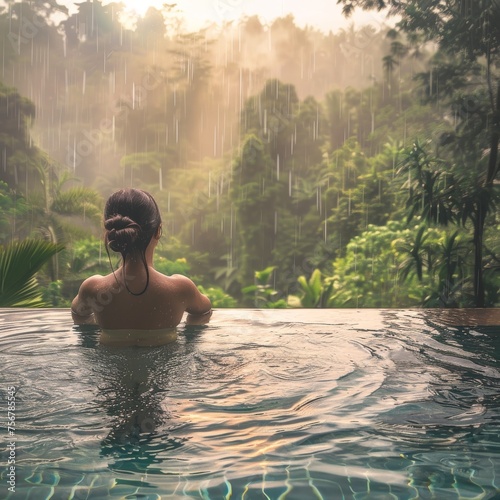 Happy Woman in Infinity Pool  Enjoying Warm Tropical Rain  Swimming Pool with a Jungle View