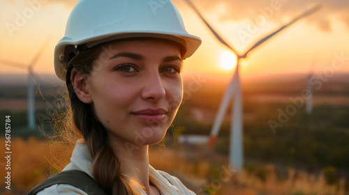 Closeup of the beautiful young woman, female engineer wearing a white helmet, standing in the windmill field at the sunset, looking at the camera and smiling. Renewable and alternative energy concept © Nemanja