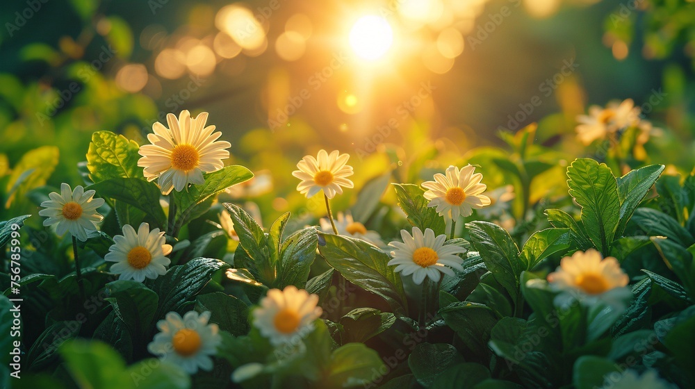 White daisies blooming with green foliage bathed in warm sunlight