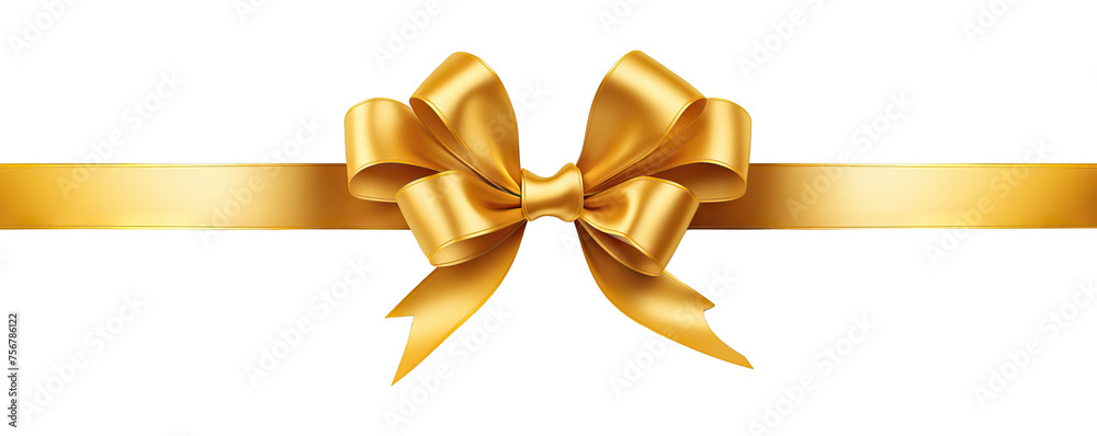 Decorative golden bow isolated on transparent background. Shiny gold satin ribbon. Wrapping element for Christmas gift, Valentine's, Father's and Women's day, birthday and party. Black friday - obrazy, fototapety, plakaty 
