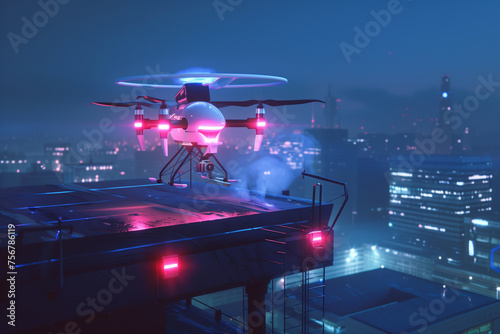 Illuminated Drone Hovering in Urban Night Sky ©  Berlin23
