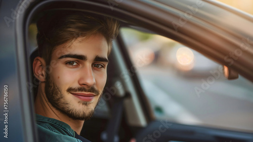 Closeup of the handsome young man driving a car in the city traffic, smiling at the camera. Downtown automobile transport, sitting in a vehicle interior and holding steering wheel, driving school © Nemanja