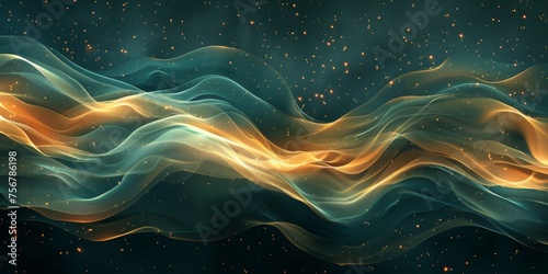 A long, wavy line of green and orange colors with a lot of sparkles - stock background.