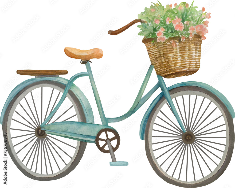 Vintage Bicycle with Flower Basket Watercolor Style Clipart