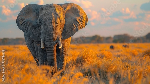 An elephant stands tall in the vast expanse of the savannah, its majestic silhouette against the horizon symbolizing the enduring beauty and resilience of African wildlife © maxdesign202