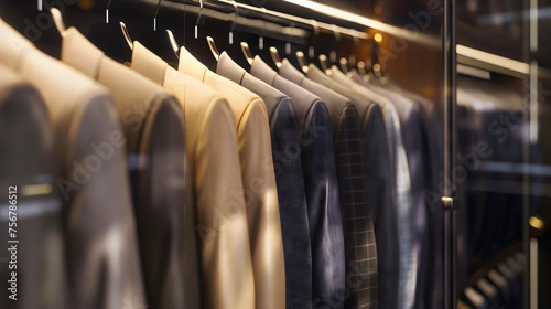 Luxurious room full of men's suit jackets hanging on the wooden clothes hanger in the wardrobe closet. Formal business wear, fashionable and classic male apparel collection photo