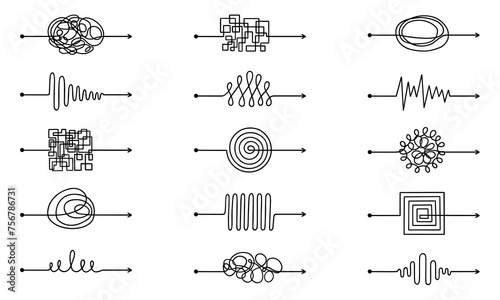 Messy arrow lines doodle set. Tangled scribble path, chaos mindset, different ways to solve problem, from simple to complex in sketch style. Hand drawn vector illustration isolated on white background