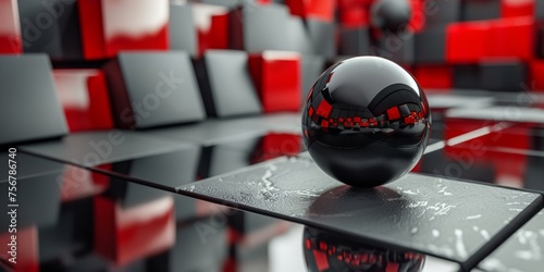 A black ball is sitting on a black and red tile floor - stock background.