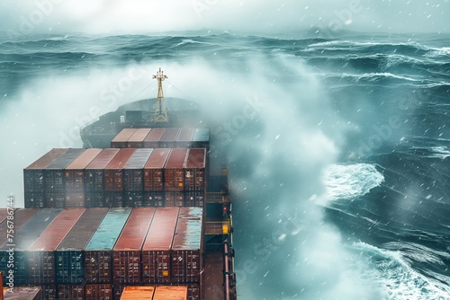A container ship is in the middle of a stormy sea with waves crashing against it