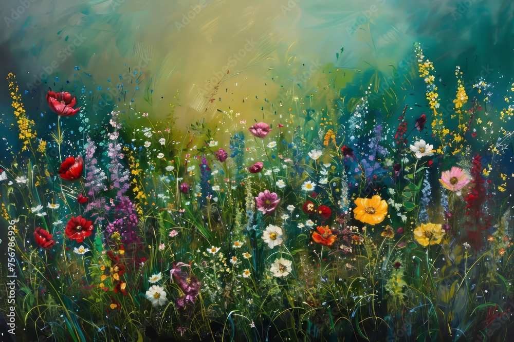 field of spring flowers and sunny sky field of spring flowers and sunny sky