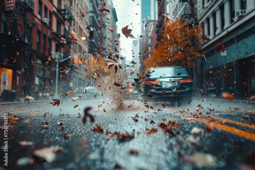 leaves flying in different directions on a city street