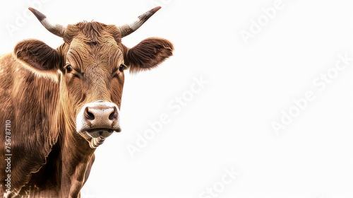 A brown cow with a white nose looking at the camera from the side. Free space for design. Cow on a white background. Created with Generative AI.