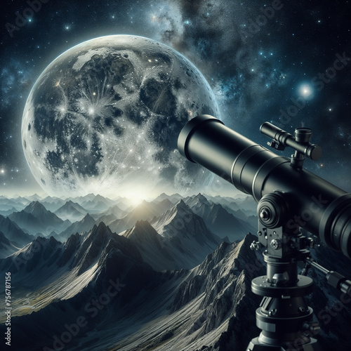 A telescope set against a backdrop of towering mountains and a stunningly large moon.